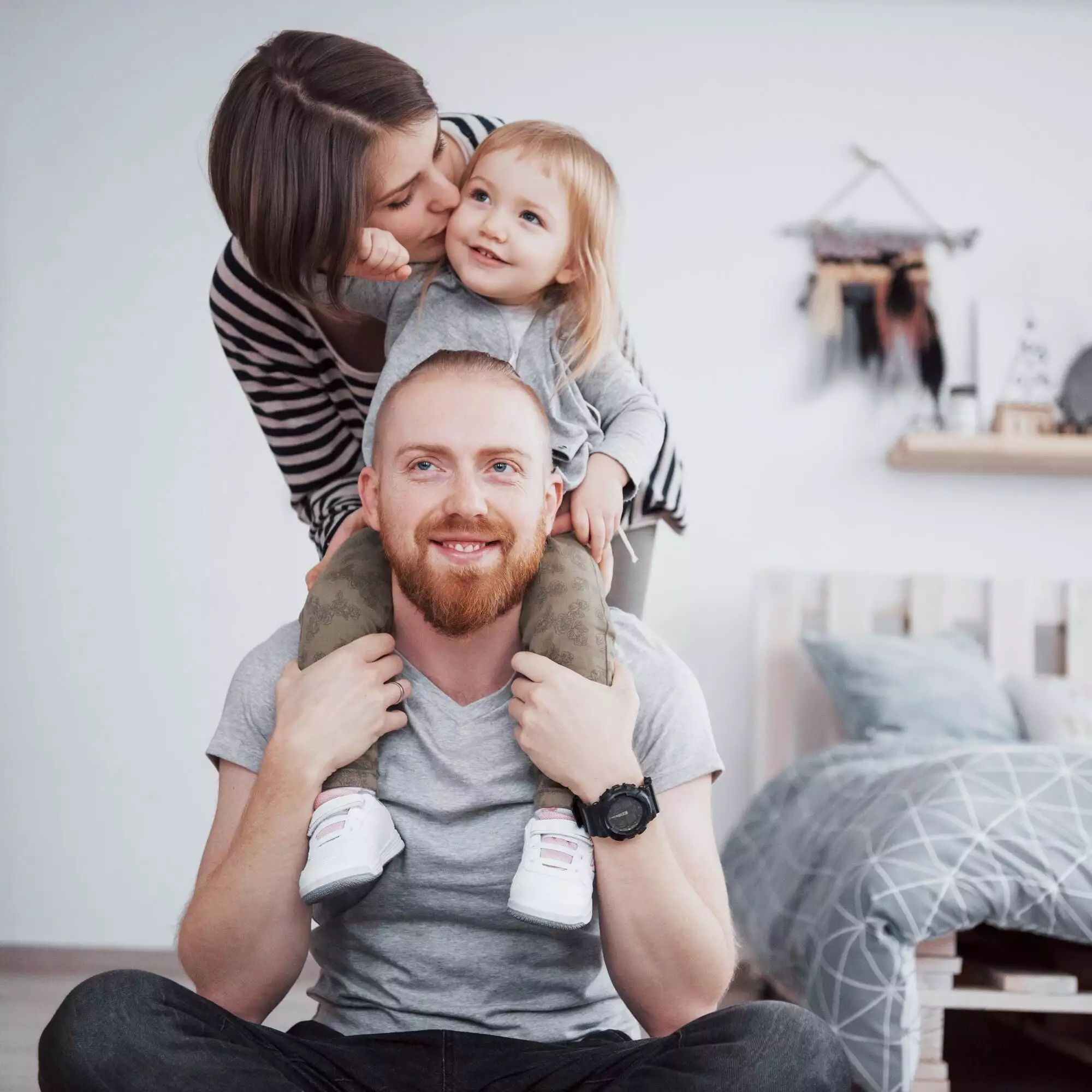 happy family mother, father, child daughter at home